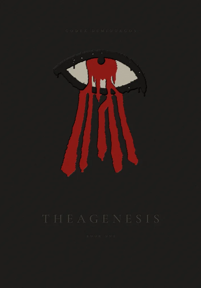 The cover of Theagenesis, Book One: a red eye with long drips, embossed into dark board.
