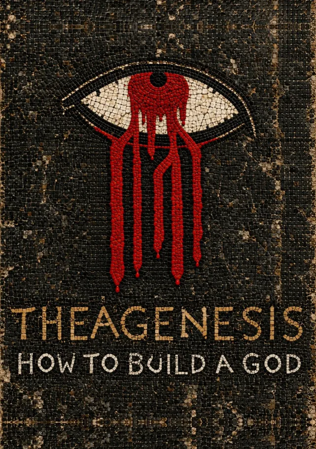 The cover of the Theagenesis booklet: the red eye in mosaic tesserae over the words Theagenesis, How to Build a God.
